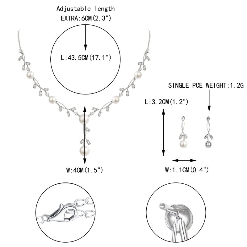 EVER FAITH CZ Crystal Cream Simulated Pearl Floral Vine Filigree Necklace Earrings Set Clear Silver-Plated-Brass - Image 5